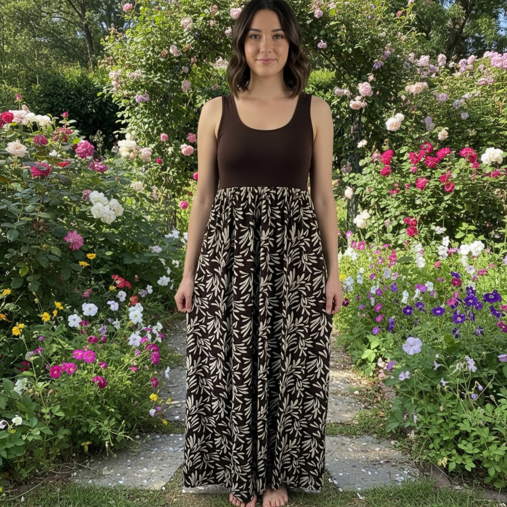 Michael Michael Kors Brown Leaf Print Sleeveless Maxi Dress